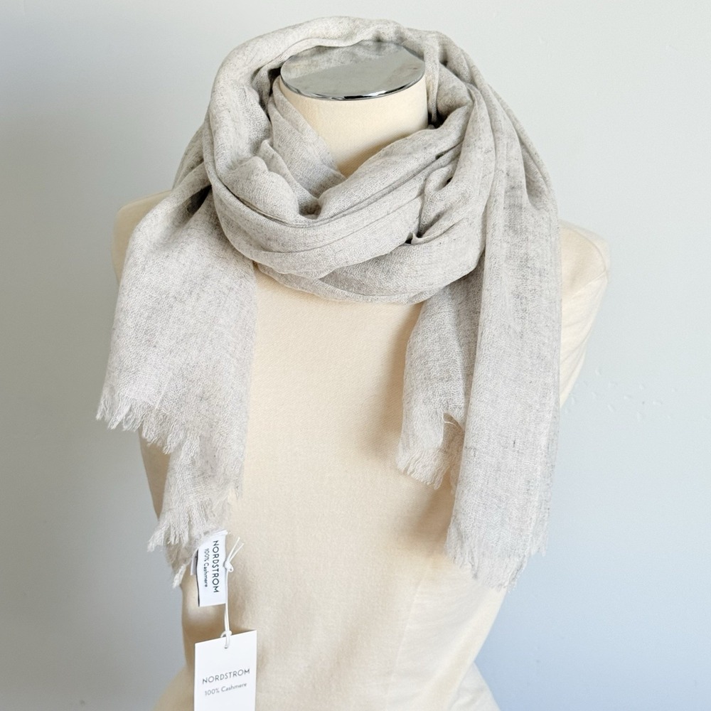 Nordstrom Cashmere Scarf Lightweight Fringe 30x86" Natural Luxury Career Gift